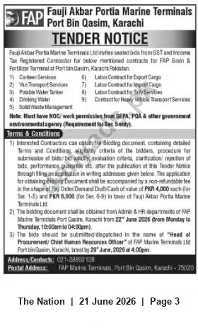 Newspaper clipping: Tender: Service Contracts for FAP Grain & Fertilizer Terminal, Port Bin Qasim, Karachi, The Nation, 21 Jun 2026