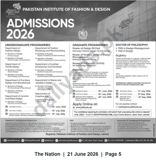 Newspaper clipping: PIFD Admissions 2026 — Undergraduate, Graduate and PhD Programs at Pakistan Institute of Fashion & Design, Lahore, The Nation, 21 Jun 2026