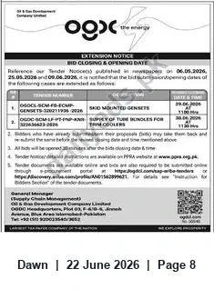 Newspaper clipping: Extension Notice – OGDCL Tender Bid Closing & Opening Dates Extended, Dawn, 22 Jun 2026
