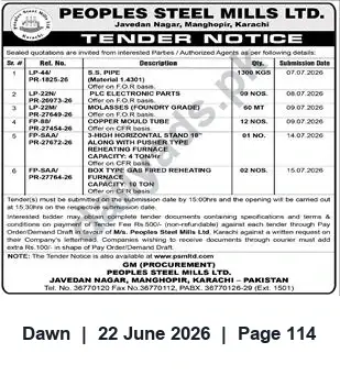 Newspaper clipping: Peoples Steel Mills Ltd. Tender Notice — Supply of Pipes, Electronic Parts, Molasses, Copper Tubes, Reheating Furnaces, Dawn, 22 Jun 2026