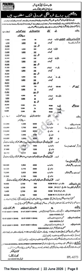 Newspaper clipping: Punjab Mineral Development Corporation Tender: Sale of Rock/Crushed Salt Lots (July 2026), The News International, 22 Jun 2026