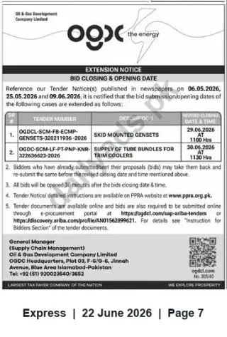 Newspaper clipping: OGDCL Tender Extension: Skid-Mounted Gensets & Tube Bundles — June 2026, Express, 22 Jun 2026