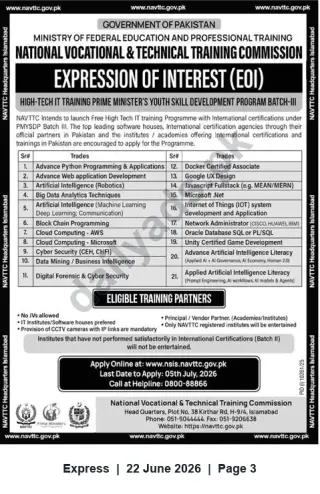 Newspaper clipping: NAVTTC Expression of Interest — Free High-Tech IT Training (PM Youth Skill Development Program Batch-III), Express, 22 Jun 2026