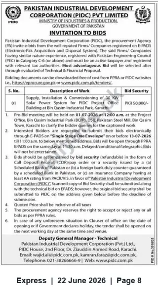 Newspaper clipping: PIDC Tender: 30 kW Solar Power System Installation at Bin Qasim Industrial Park, Karachi, Express, 22 Jun 2026