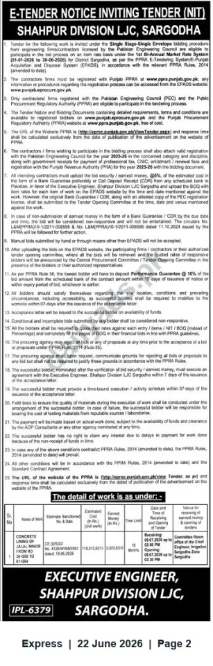 Newspaper clipping: E-Tender: Concrete Lining of Jatal Minor — Shahpur Division LJC, Sargodha, Express, 22 Jun 2026