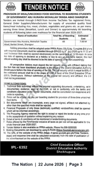 Newspaper clipping: Tender: Supply of Uncooked Food Material for Boarding Students — Government Abu Huraira, Sharqpur, The Nation, 22 Jun 2026
