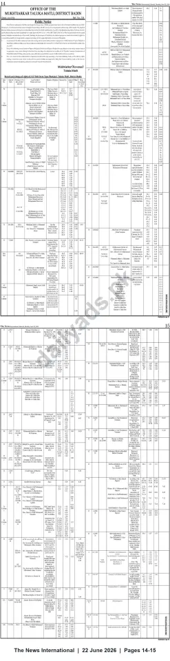 Newspaper clipping: Mukhtiarkar Taluka Matli, District Badin publishes Public Notice for re-verification and change of land records (Records of Rights), The News International, 22 Jun 2026