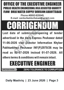 Newspaper clipping: Corrigendum: Tender Submission/Opening Date Revised to 02-07-2026 — PHED JICA-Assisted Bulk Water Supply Division Abbottabad, Daily Mashriq, 23 Jun 2026