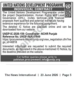 Newspaper clipping: UNDP Individual Contract: Coordinator - NCHR Punjab (UNDP-IC-2026-159), The News International, 23 Jun 2026
