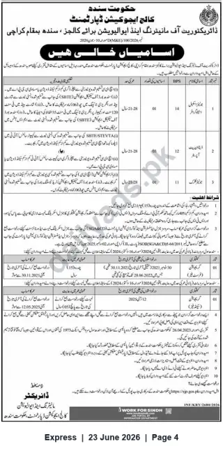 Newspaper clipping: Government of Sindh — College Education Department: Vacancies at Directorate of Monitoring & Evaluation, Karachi, Express, 23 Jun 2026