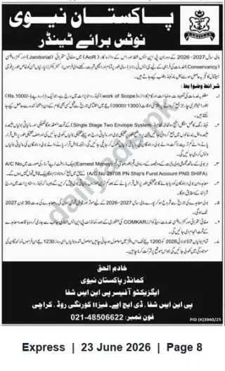 Newspaper clipping: Pakistan Navy Tender — Janitorial & Conservancy Services (FY 2026-2027) — PNS Shifa, Karachi, Express, 23 Jun 2026
