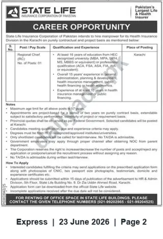 Newspaper clipping: State Life - Regional Chief (Health Insurance Division) Karachi (Contract, 01 Post), Express, 23 Jun 2026
