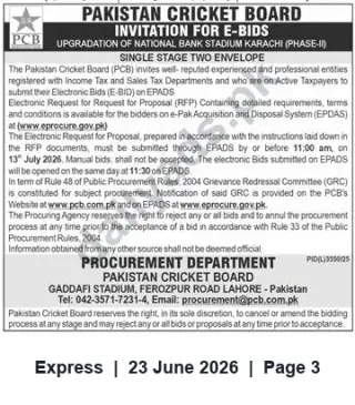 Newspaper clipping: PCB Invitation for E-Bids: Upgradation of National Bank Stadium Karachi (Phase-II) — Bid Deadline 2026-07-13, Express, 23 Jun 2026