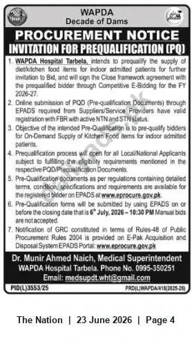 Newspaper clipping: WAPDA Hospital Tarbela Prequalification: Supply of Diet/Kitchen Food Items (FY 2026-27), The Nation, 23 Jun 2026
