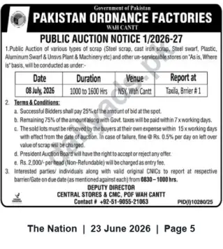 Newspaper clipping: Pakistan Ordnance Factories Wah Cantt – Public Auction of Scrap (08 July 2026), The Nation, 23 Jun 2026