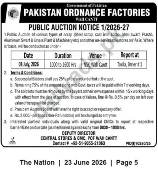 Newspaper clipping: Pakistan Ordnance Factories (Wah Cantt) Public Auction of Scrap — 08 July 2026, The Nation, 23 Jun 2026