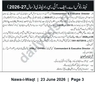Newspaper clipping: AFIC Rawalpindi — Appointment: Commandant & Executive Director (2026-27), Nawa-i-Waqt, 23 Jun 2026