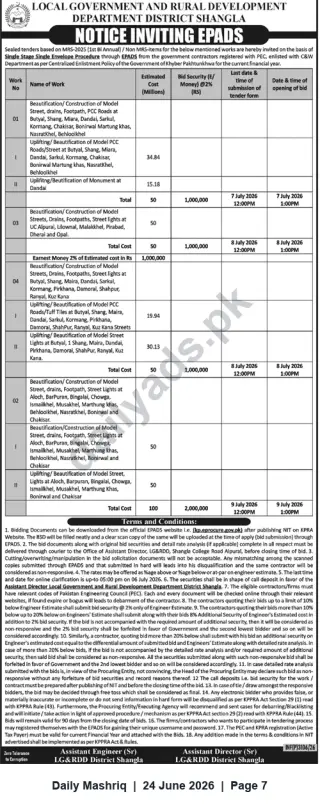 Newspaper clipping: LG&RDD District Shangla - Notice Inviting EPADs for Model Street, PCC Road & Beautification Works (July 2026), Daily Mashriq, 24 Jun 2026