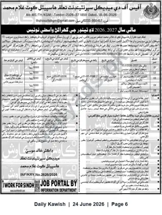 Newspaper clipping: THQ Hospital Kot Ghulam Muhammad — Tender Notice for Leasing Hospital Shops / Units (FY 2026-2027), Daily Kawish, 24 Jun 2026