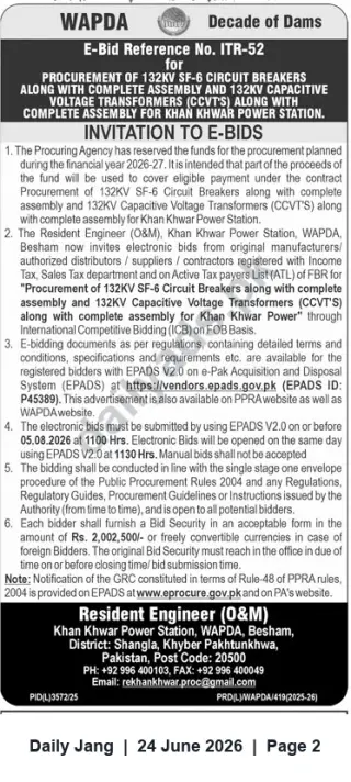 Newspaper clipping: WAPDA (Khan Khwar) E-Bid ITR-52 for 132kV SF6 Circuit Breakers & 132kV CVTs, Jang, 24 Jun 2026