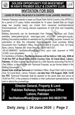 Newspaper clipping: Invitation for Bids — Lease of Royal Palm Golf & Country Club, Lahore (Pakistan Railways), Jang, 24 Jun 2026