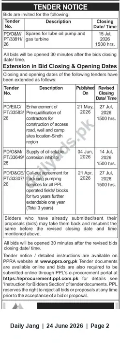 Newspaper clipping: PPL Tender Notice – Supply & Services (Multiple Packages, closing up to 2026-07-27), Jang, 24 Jun 2026
