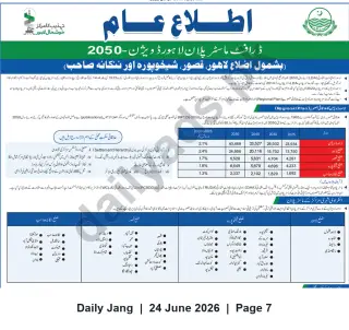 Newspaper clipping: Lahore Vision 2050 Draft Master Plan — Public Notice (LDA), Jang, 24 Jun 2026
