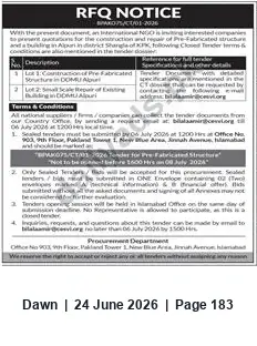 Newspaper clipping: RFQ: Construction and Small-Scale Repair of Pre-Fabricated Structure in Alpuri, Dawn, 24 Jun 2026