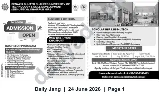 Newspaper clipping: BBS-UTECH Khairpur — Fall 2026 Admissions for B.E.Tech & BS Programs, Jang, 24 Jun 2026
