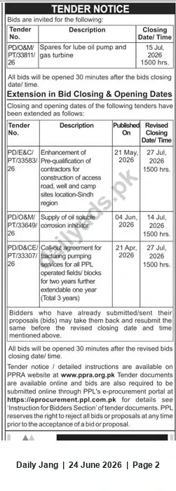 Newspaper clipping: PPL Tender Notice — Spares, Corrosion Inhibitor & Fracturing Services (Closing July 2026), Jang, 24 Jun 2026