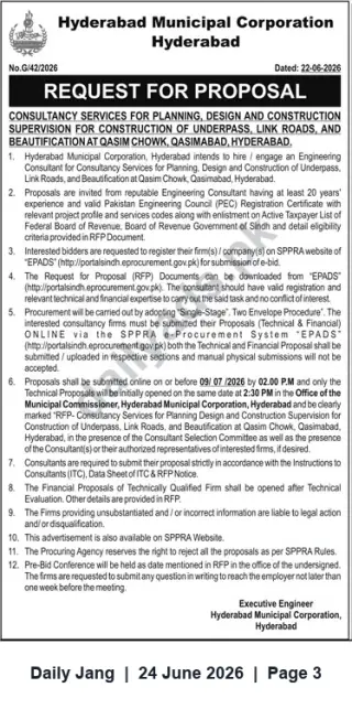 Newspaper clipping: RFP: Consultancy for Underpass, Link Roads & Beautification at Qasim Chowk, Qasimabad, Hyderabad, Jang, 24 Jun 2026