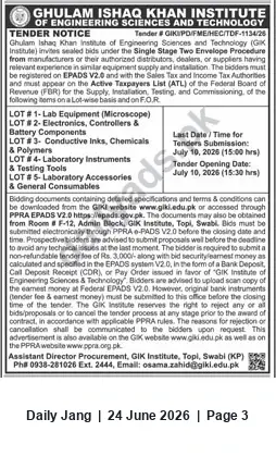 Newspaper clipping: GIKI Tender for Supply, Installation, Testing & Commissioning of Lab Equipment and Consumables (Tender # GIKI/PO/FME/HEC/TDF-1134/28), Jang, 24 Jun 2026