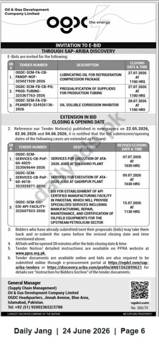 Newspaper clipping: OGDCL Invitation to E-Bid: Tenders for Lubricating Oil, Production Tubing Prequalification, Corrosion Inhibitor, Services and EOI for API Facility, Jang, 24 Jun 2026