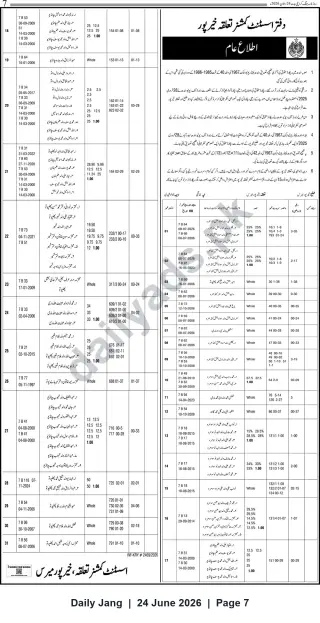 Newspaper clipping: Assistant Commissioner Khairpur — Public Notice for Land/Revenue Record Entries (28-day Objection Period), Jang, 24 Jun 2026