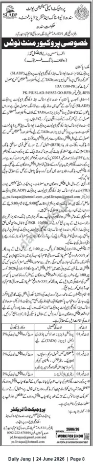 Newspaper clipping: Sindh Livestock & Agriculture Development Project (SLADP) – Special Procurement Notice (IDA 7580-PK), Jang, 24 Jun 2026