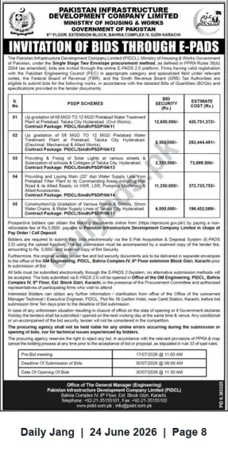 Newspaper clipping: PIDCL Tenders — Upgradation of Pretabad WTP, Roads, Drains & Solar Streetlights in Hyderabad (Sindh), Jang, 24 Jun 2026