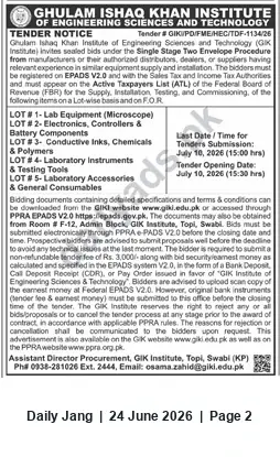 Newspaper clipping: GIK Institute Tender for Lab Equipment, Electronics & Consumables – Closing 2026-07-10, Jang, 24 Jun 2026
