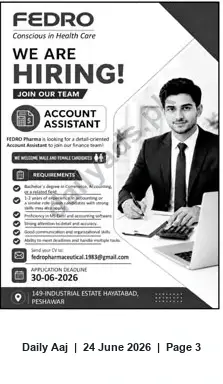 Newspaper clipping: FEDRO Pharma Hiring: Account Assistant in Peshawar (Apply by 2026-06-30), Daily Aaj, 24 Jun 2026