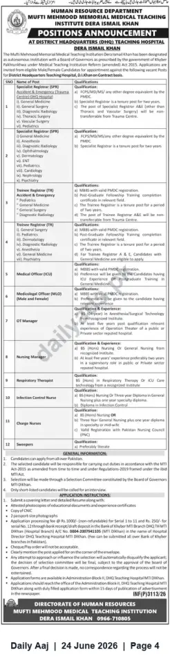 Newspaper clipping: Job Vacancies – Mufti Mehmood Memorial Medical Teaching Institute (DHQ Teaching Hospital), Dera Ismail Khan, Daily Aaj, 24 Jun 2026