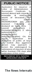 Newspaper clipping: Application for Letter of Administration – Naveed Ahmed (Deceased: Som Ahren), The News International, 24 Jun 2026