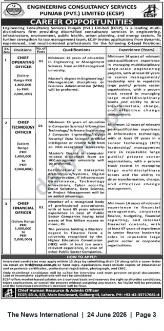 Newspaper clipping: Senior Executive Vacancies at Engineering Consultancy Services Punjab (ECSP) — COO, CTO, CFO, The News International, 24 Jun 2026