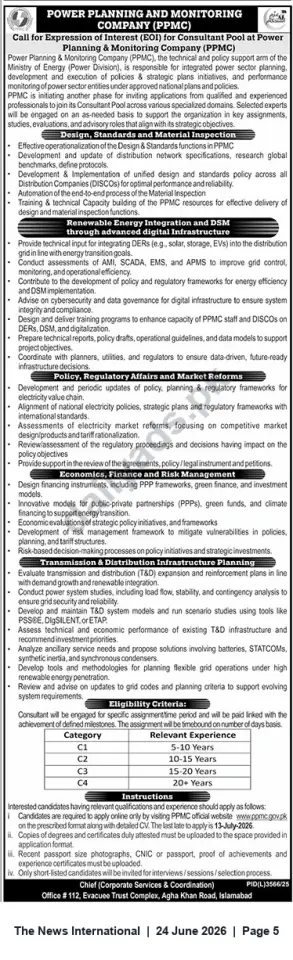 Newspaper clipping: PPMC Call for Expression of Interest — Consultant Pool for Power Planning & Monitoring, The News International, 24 Jun 2026