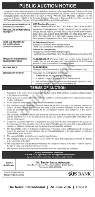 Newspaper clipping: Public Auction: JS Bank to Sell Mortgaged Property of MBS Trading Company in Nowshera (15 July 2026), The News International, 24 Jun 2026