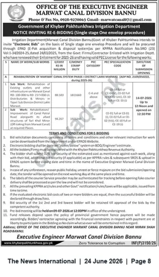 Newspaper clipping: Tender Notice — Rehabilitation of Marwat Canal System Phase-I & Associated Works (Re-bidding) — Marwat Canal Division, Bannu, The News International, 24 Jun 2026
