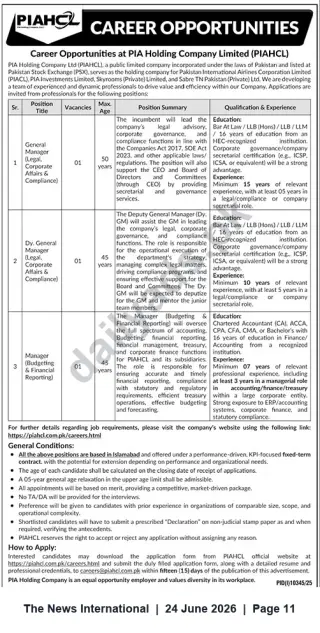 Newspaper clipping: PIA Holding Company Limited (PIAHCL) — Vacancies: GM Legal, Dy. GM Legal, Manager Budgeting & Financial Reporting, The News International, 24 Jun 2026