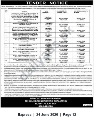 Newspaper clipping: Tender Notice — Framework Contracts for Medical & Hospital Supplies | THQ Thal (MNS) Hospital Layyah, Express, 24 Jun 2026