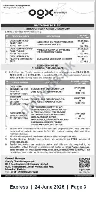 Newspaper clipping: OGDCL Invitation to E-Bid / Revised Tender Deadlines for Services and EOI (Jul 2026), Express, 24 Jun 2026