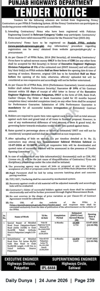 Newspaper clipping: Punjab Highways Department Tender Notice — Road Repair and Rehabilitation Works (Pakpattan / Sahiwal) — Bid Opening 2026-07-15, Dunya, 24 Jun 2026