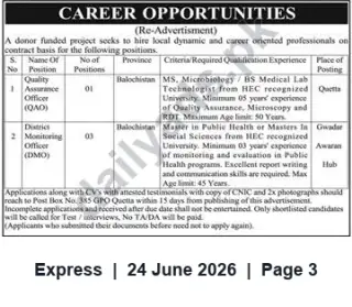Newspaper clipping: Donor-Funded Project Hiring Quality Assurance Officer and Monitoring Officers in Balochistan, Express, 24 Jun 2026