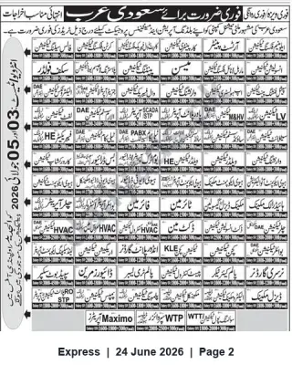 Newspaper clipping: Immediate Visa‑Free Recruitment: Multiple Skilled & Unskilled Jobs in Saudi Arabia, Express, 24 Jun 2026